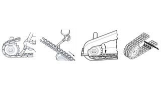 Manuelle Schmierung, Tropfschmierung, Ölbad-Schmierung, Druckumlaufschmierung (v.l.n.r.) (Renold)