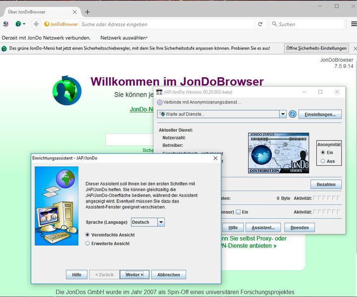 Nach dem Start des JonDoBrowsers wird die Umgebung an die eigenen Anforderungen angepasst. Die Daten werden im Verzeichnis des Browsers gespeichert.  (Thomas Joos)
