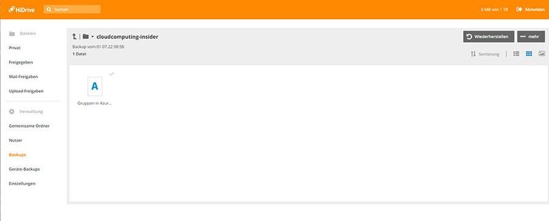 Verwenden der Datensicherung in HiDrive zum Wiederherstellen von Dokumenten.  (Bild: Joos)