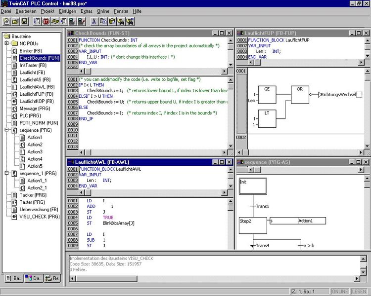 Die klassische Benutzeroberfläche von TwinCAT PLC Control: Die Architektur gliedert sich in den linken „Object Organizer“ (zur Verwaltung von Bausteinen, Datentypen und Ressourcen) und den rechten Arbeitsbereich mit den jeweiligen Editorfenstern. (Bild: Beckhoff)