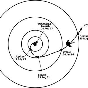 Die zuerst gestartete Sonde Voyager 2 flog eine eher kreisförmige Route in Richtung Jupiter und Saturn. Dann wurde sie in Richtung der äußeren Planeten Uranus und Neptun geschleudert.(Bild:  NASA)