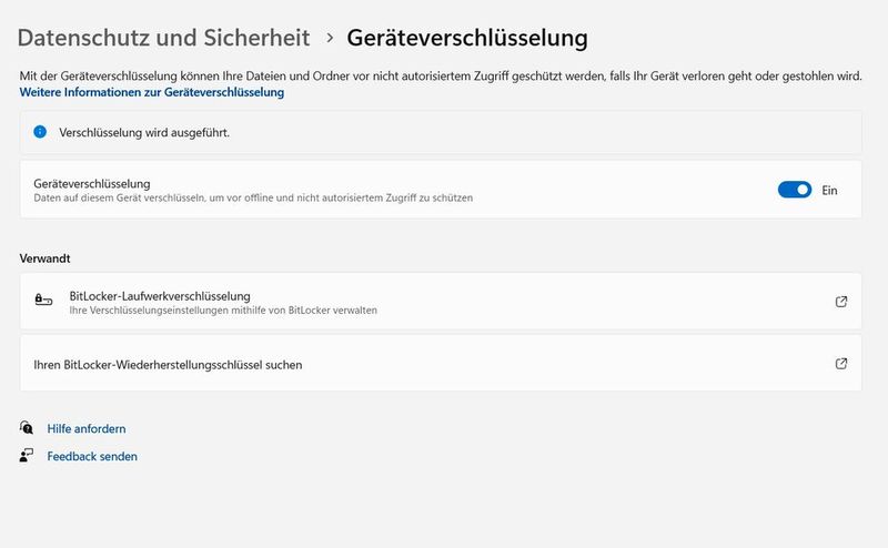 Das Aktivieren der Geräteverschlüsselung erfolgt durch das Einschalten der Option. Eine Konfiguration ist dazu nicht notwendig. (Bild: Joos)