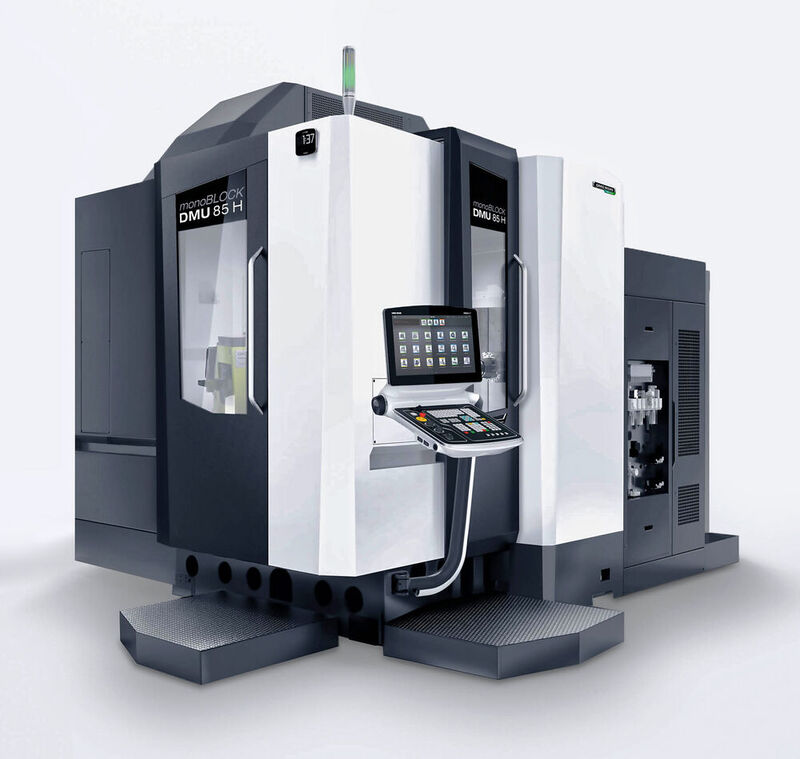 The new DMU 85 H Mono Block is capable of 5-axis simultaneous machining, as is the DMC twin pallet change version.