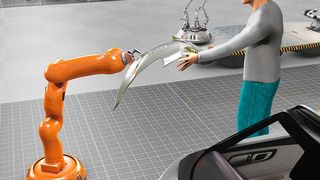 Ein ganzheitliches Produktionskonzept für die Automobilproduktion der Zukunft entwickelt die Forschungsfabrik im Verbundprojekt Arena 2036. Der Roboter unterstützt den Werker nicht mehr am Band, sondern bei der Montage an freien Modulen. (Bild: Arena2016/Storz Medienfabrik)