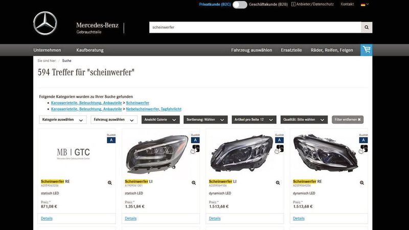 Im Gebrauchtteile-Center von Mercedes-Benz ist eine Vielzahl an LED-Scheinwerfern zu finden.(Bild:  Mercedes-Benz)