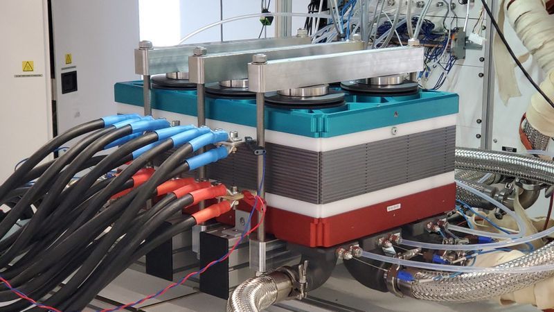 The Center for Solar Energy and Hydrogen Research Baden-Württemberg (ZSW) presents a concept for the world's largest PEM fuel cell stack with an active area of 1,300 square centimetres. Pictured is the 15-cell demonstrator in the test stand at HyFaB.(Image: ZSW / Elvira Eberhardt)