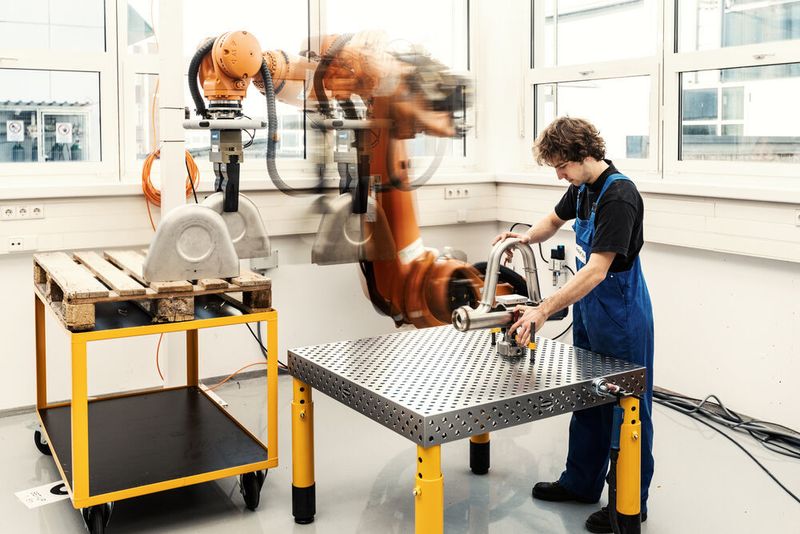 Kollaboration mit dem Großroboter: Wie können Mensch und Roboter auf engem Raum sicher zusammenarbeiten? Optische, nicht-trennende Schutzeinrichtungen und der Einsatz eines Schwerlast-Roboters ermöglichen neuartige, wandlungsfähige Fertigungsszenarien. (Rainer Bez © Fraunhofer IPA)