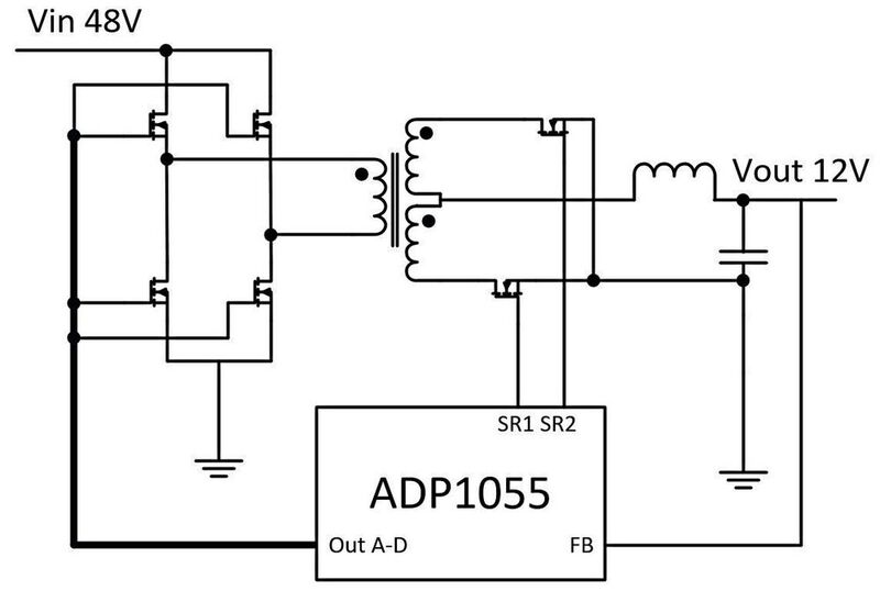Bild 1: Digitaler Schaltregler ADP1055 in einer Vollbrücken-Anwendung. Die Regelschleife lässt sich hierbei einstellen.  (Bild: Analog Devices)