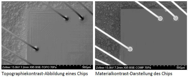 Bild 2: Darstellung eines ICs mit Topographiekontrast- und Materialkontrast-Aufnahme  (Zollner Elektronik)