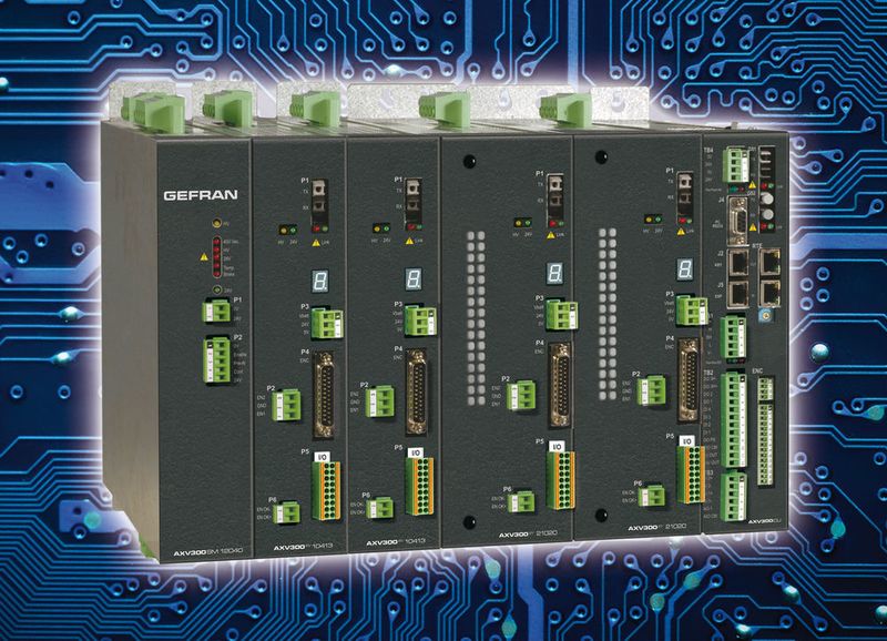 Das  Mehrachs-Servosystem AXV300 für Asynchron- und Synchronmotoren ist serienmäßig mit Active Front End Technologie zur Energieeinsparung durch Rückspeisung ins Netz ausgestattet (Gefran)