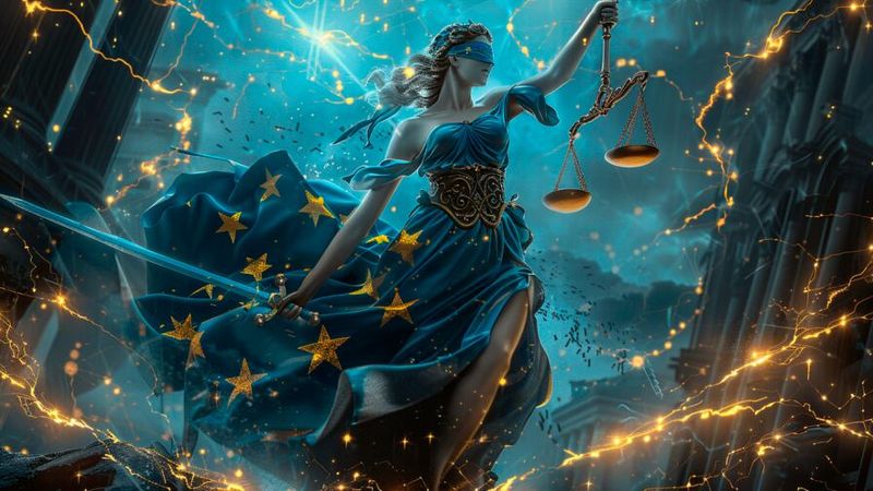 Europas digitale Abhängigkeit: Justitia wird zum Spielball globaler Datenmächte.(Bild:  Midjourney / Paula Breukel / KI-generiert)