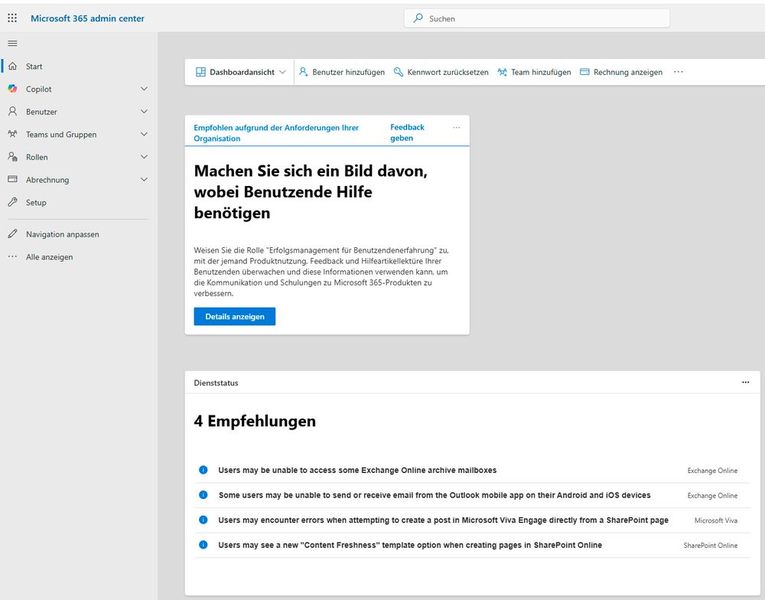 Das Microsoft 365 Admin Center wird vermutlich eher kein Bestandteil von Microsoft 365 Local. (Bild: Joos | Microsoft)