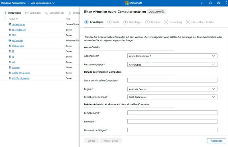 Erstellen einer Azure-VM im Windows Admin Center. (Bild: Joos | Microsoft)