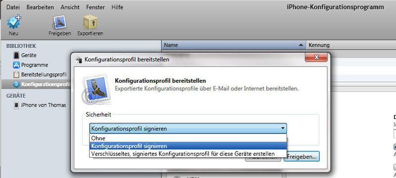 Abbildung 4: Im iPhone-Konfigurationsprogramm lassen sich Profile signieren; zwei verschiedene Signaturen sind möglich. (Bild: Thomas Joos)