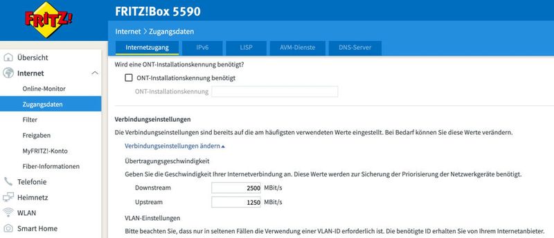 AVM Fritzbox 5590 Fiber – Übertragungsgeschwindigkeit. (Bild: Harald Karcher)