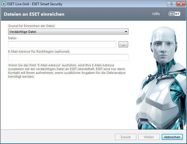 Direkt aus dem Programm heraus können Smart-Security-Benutzer verdächtige Dateien an ESET zur genauen Analyse weiterleiten. (Bild: VBM)