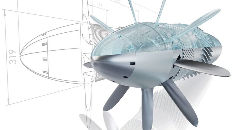Der Propeller des Instituts für Flugantriebe und Strömungsmaschinen der TU Braunschweig ist so optimiert, dass er, in 12-facher Ausfertigung (Konzept „distributed populsion“), ein Regionalflugzeug antreiben kann.(Bild:  Oswald/Cadera Design)