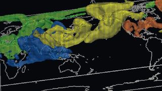 Diese Simulation zeigt Beispielhaft, wie sich Emissionen des Luftschadstoffs CO aus europäischen  (grün), nordamerikanischen (orange), südasiatischen (blau) und ostasiatischen (gelb) Quellen in der Atmosphäre verteilen. (Bild: FZ Jülich)