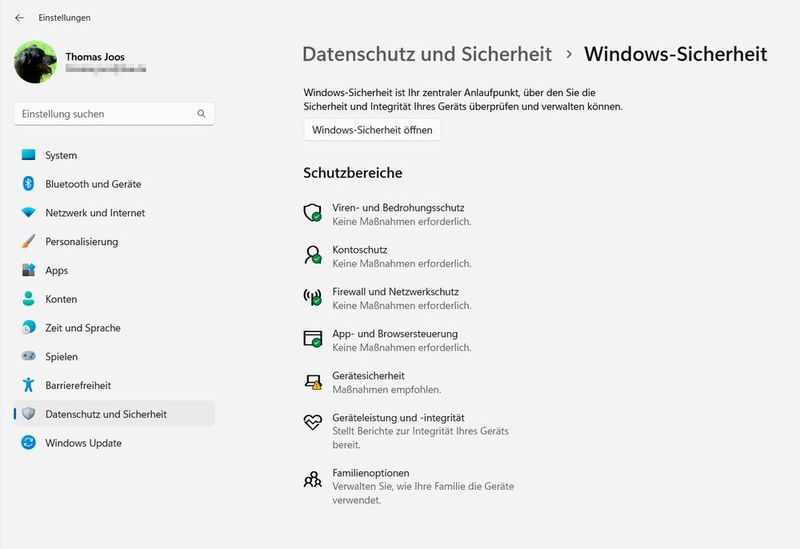 Aufrufen der Windows-Sicherheit in den Einstellungen von Windows 10 und Windows 11 für die Verbesserung des Malware-Schutzes. (Bild: Joos)