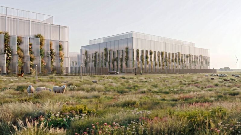 Visualisierung des geplanten Rechenzentrums in Langenhorn (Nordfriesland). Fassadenkonzept: UNIQ LAND Development GmbH mit Spine Architects, Hamburg.(Bild:  Spine Architects)