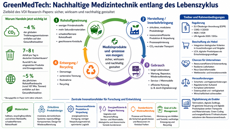 Die Infografik zeigt zentrale Ansatzpunkte nachhaltiger Medizintechnik entlang des Produktlebenszyklus – von der Rohstoffgewinnung über Herstellung und Nutzung bis zu Wiederaufbereitung und Recycling. Ergänzend werden regulatorische, wirtschaftliche und digitale Einflussfaktoren dargestellt.(Bild:  Guido Deußing, nach Weinhold M, Pastewski N. VDI Research-Paper 34. 2026)