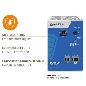 Die unterbrechungsfreie Stromversorgung UPSI‑2415DP3 von Bicker schützt zuverlässig 24V‑Applikationen. Bei Netzstörungen schaltet die Steuerung in Sekundenbruchteilen auf Batteriebetrieb und sorgt so für maximale Ausfallsicherheit.(Bild:  Bicker)