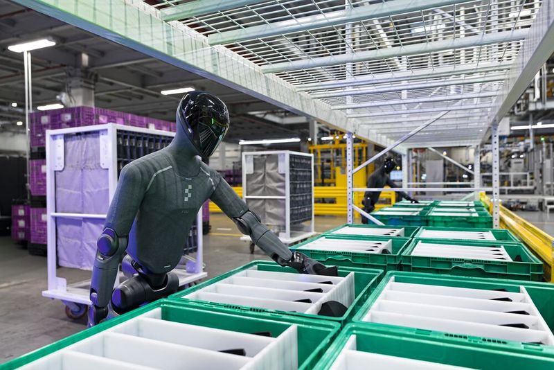 Figure 03 im Einsatz: Dank taktiler Sensoren und Kameras in den Händen sequenziert der Roboter angelieferte Bauteile für die Montage. (Bild: BMW)