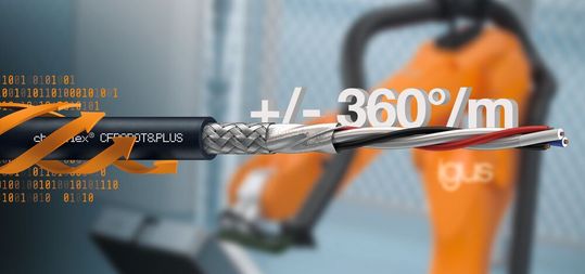 Neue DeviceNet-Leitung Cfrobot8.Plus.030 von igus ermöglicht zuverlässige Datenübertragung bei Torsionsbewegungen bis ±360°/m in hochdynamischen Robotikanwendungen.(Bild:  igus SE & Co. KG)