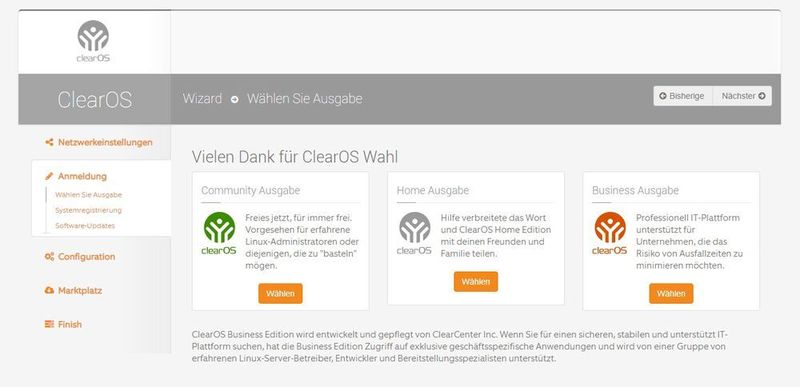 Im Rahmen der Einrichtung wird auch die Edition von ClearOS ausgewählt. (Clear / Joos)