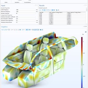 Simulations-App zur Analyse der Innenraumakustik eines Fahrzeugs. Die Berechnung des zeitabhängigen Akustikmodells kann auf GPUs durchgeführt werden.(Bild:  COMSOL Multiphysics GmbH)