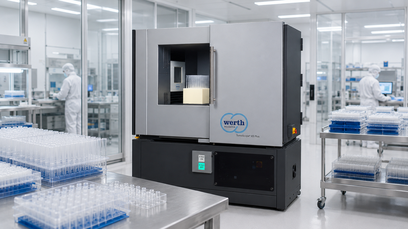 In-Process CT Measurement: The Tomo Scope XS Plus inspects pipette tips using an integrated workpiece changer directly in the production environment.(Bild:  Werth Measurement Technology)