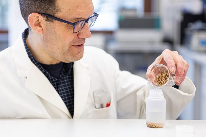 Matthias Wanner gibt Zirkonoxid-Kugeln in ein Dispergiergefäß. In einem Rüttler zerstoßen die Kugeln dann vorzerkleinerte Hühnerfedern zu einem mikrofeinen Pulver. (Bild: Fraunhofer IAP)