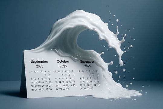 Überschüssige Rohmilch und sinkende Nachfrage nach dem Ende des Hochsommers drücken die Preise.(Bild:  GPT Image Editor / KI-generiert)