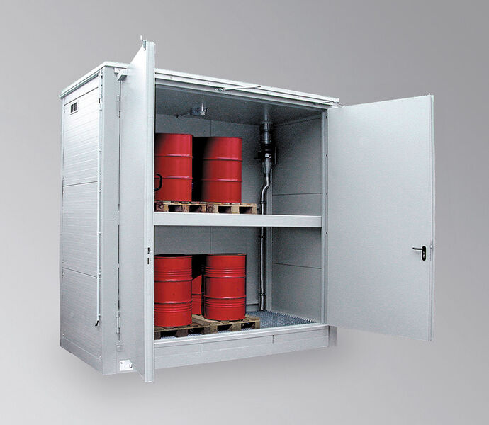 Bild 4: Zur Begrenzung der Auswirkungen von Explosionen werden für die Lagerung von brennbaren Flüssigkeiten feuerbeständige Bauteile eingesetzt. In der Regel sind dies feuerbeständige Regalcontainer oder Brandschutzcontainer. (Bild: Lacont Umwelttechnik)
