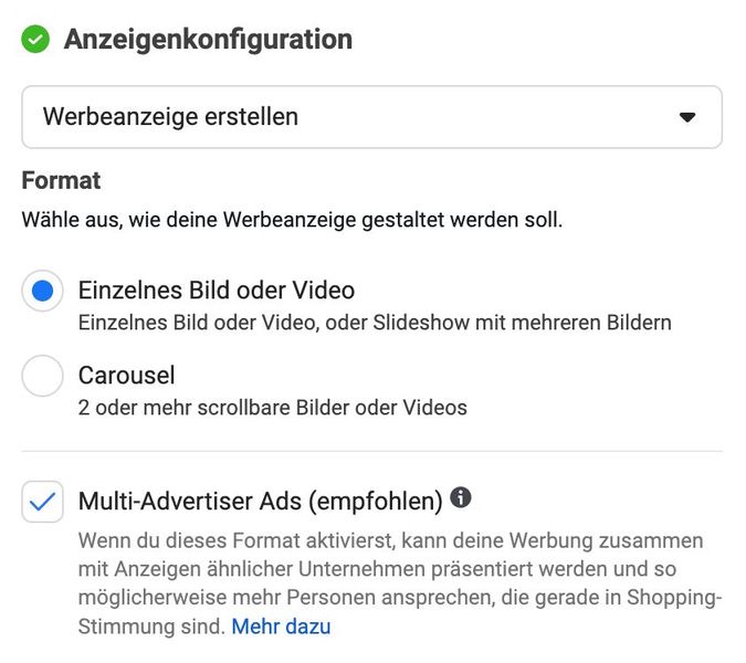 Im Bereich Anzeigenkonfiguration können Sien nun die Darstellungsart Ihres Visuals auswählen. (Bild: Meta Werbeanzeigenmanager)