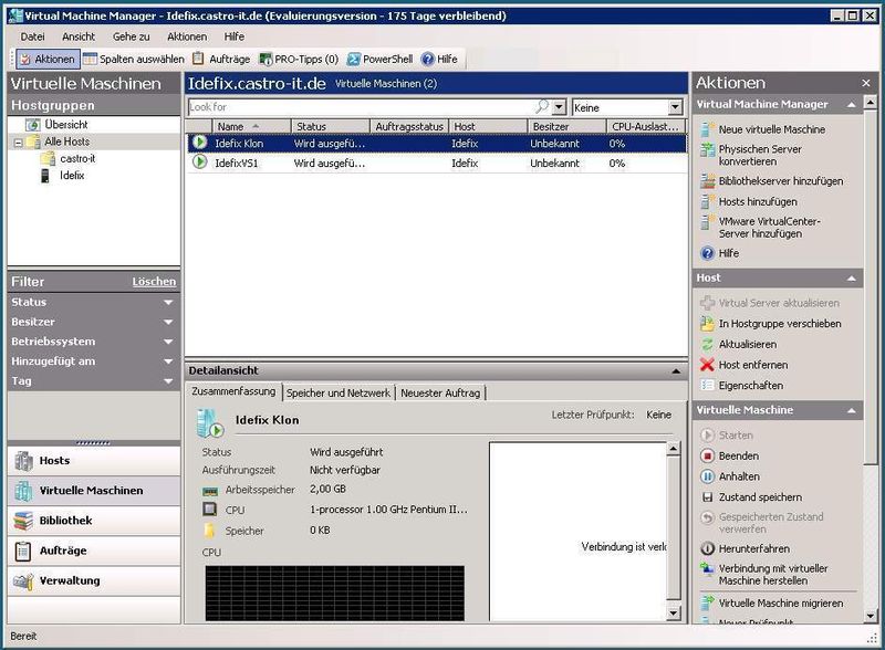 Abbildung 5: Jede virtuelle Maschine kann im Bereich „Hosts“ verwaltet werden. Unter „Aktionen“ stehen neben „Hosts hinzufügen“ oder „Hosts entfernen“ auch Menüeinträge für das Migrieren und Klonen zur Verfügung. (Archiv: Vogel Business Media)