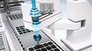 Anwendungsbeispiel: Ein mit dem Hub-Dreh-Modul BNS-V ausgestatteter Scara-Roboter. (THK)