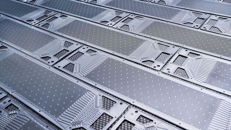 Bipolarplatten haben feine Gaskanäle, in denen die Reaktionsgase Wasserstoff und Sauerstoff zur Katalysatorschicht strömen. Die folgende elektrochemische Reaktion in der Brennstoffzelle wandelt die Reaktionsenergie unter anderem in elektrischen Strom.(Bild:  Schaeffler)