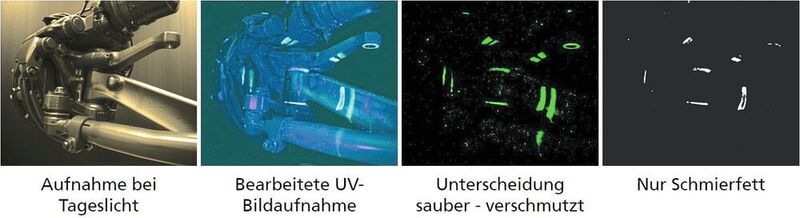 Mithilfe eines bildgebenden Fluoreszenzmessverfahrens lassen sich lackbenetzungsstörende Verunreinigungen detektieren und unterscheiden, beispielsweise Schmierfett auf einer Lkw-Achse. (Fraunhofer-IVV)