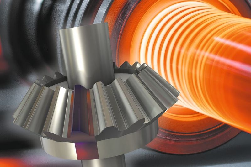 Abkühlung aus dem austenitischen Zustand in einem 3D-Modell eines Kegelrads: Es werden die endgültige Phasenzusammensetzung sowie der Eigenspannungszustand des Martensits berechnet.(Bild: ©  DigitalSpace – stock.adobe.com_KI-generiert; Comsol)