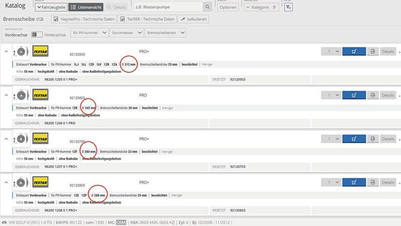 Für den beispielhaft ausgewählten Golf 6 gibt es exakt zwei verschiedene Bremsscheiben für die Vorderachse – eine mit 280 und eine mit 288 Millimetern Durchmesser. Dennoch behauptet Textar, dass VW auch solche mit 312 und 345 Millimetern Durchmesser verbaut hätte, was nicht stimmt. Die zusätzliche Auswahl erschwert die Suche nach dem passenden Ersatzteil und birgt die Gefahr von Fehlbestellungen/-lieferungen.(Bild:  Topmotive)