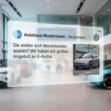 Chat-GPT ist jetzt auch für Werbung offen. Fahrzeugwerbung von Autohändlern ist noch nicht ohne Weiteres möglich, wie Agenturinhaber Andreas Kühnen schildert. Die Vorbereitung auf das Werbeformat lohnt sich aus seiner Sicht aber. (Bild: Gemini / KI-generiert)