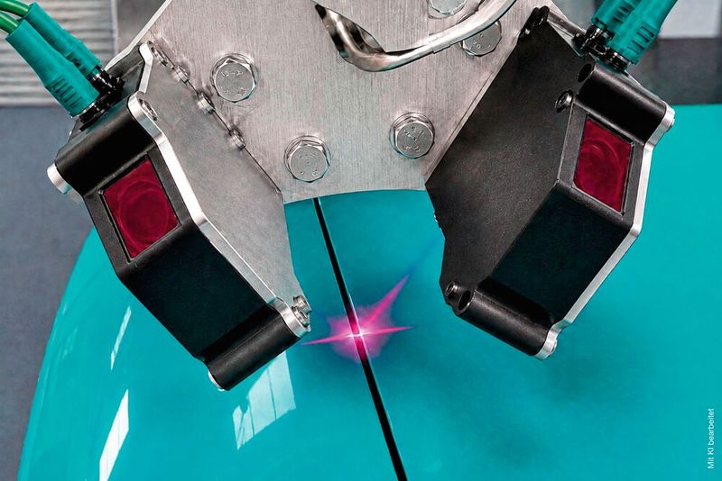Die beiden Lichtschnittsensoren „VMT LineRunner“ sieht man hier in Aktioin. Sie sind in einer Doppelkopfanordnung in etwa rechtwinklig zueinander montiert. Dadurch können beide Sensoren jeweils unter etwa 45° in den Spalt hinein messen. (Bild: Polyplan)
