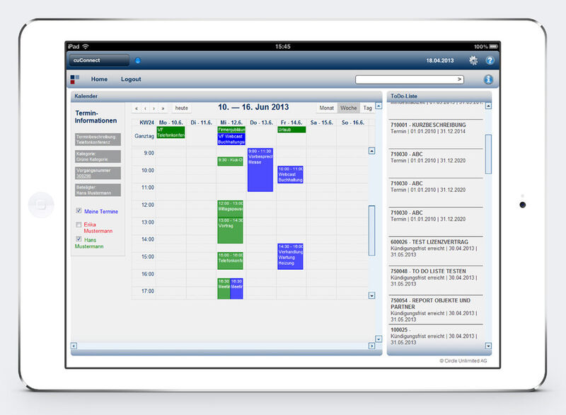 cuConnect für das iPad: Der neue Gruppenkalender ähnelt der Outlook-Ansicht. (Bild: Circle Unlimited)