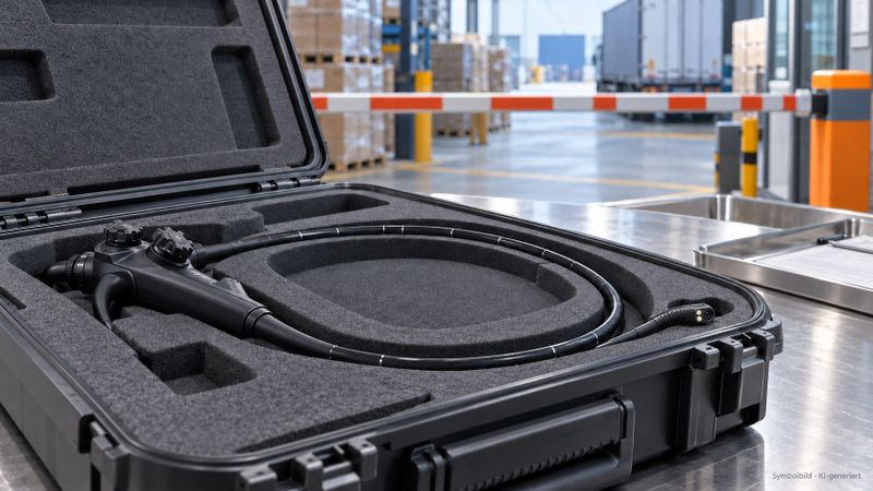 Generisches flexibles Endoskop im offenen Transportkoffer vor einer geschlossenen Schranke mit Versandkartons. (Bild:  Redaktion Devicemed / KI-generiertes Symbolbild ohne Herstellerkennzeichen)