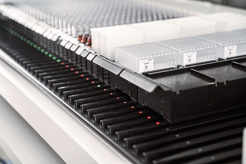 Teil der Elisa-Automatisierung: Die gefrästen Racks stellen die Patientenproben für die Verteilung, Verdünnung und Einbringen auf verschiedene Reaktionsträger wie Mikrotiterplatten bereit. (Hermle)