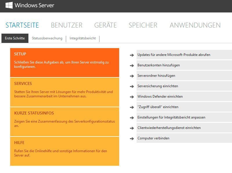 Windows Server 2016 Essentials verfügt über ein einfaches Dashboard, mit dem auch ungeübte Administratoren problemlos mit Active Directory arbeiten können. (Joos / Microsoft)