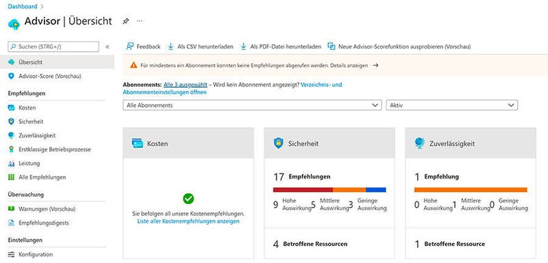 Azure Advisor hilft beim Sparen von Kosten in Microsoft Azure. (Joos)