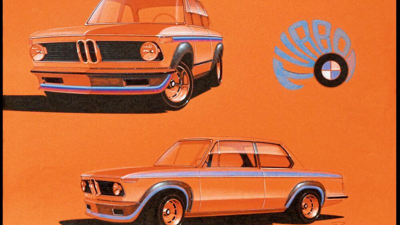 Der 2002 Turbo sicherte sich durch seine Speed-Insignien, teils in den typischen Blau-Violett-Tönen der gerade erst gegründeten BMW Motorsport GmbH, auf Anhieb einen Platz in Popkultur, Autoquartetts und Postern. (Bild: BMW)