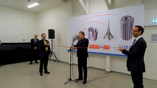 Inauguration at VBN Components AB. From lef to right in picture are: Ulf Melin, Chairman of VBN, Ulrik Beste, Head of development at VBN, Per Bengtsson, CEO of Uppsala Innovation Centre, and Johan Bäckström, CEO of VBN. (VBN)